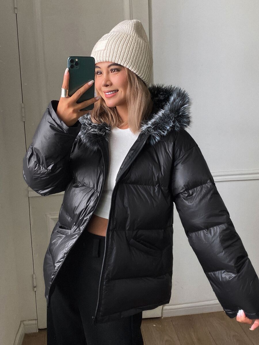 Livesso Women's Winter Casual Versatile Fur Collar Hooded Jacket - Black - View 1