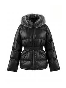 Livesso Women's Winter Casual Versatile Fur Collar Hooded Jacket - Black - View 6