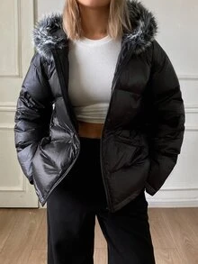 Livesso Women's Winter Casual Versatile Fur Collar Hooded Jacket - Black - View 4
