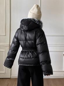 Livesso Women's Winter Casual Versatile Fur Collar Hooded Jacket - Black - View 2