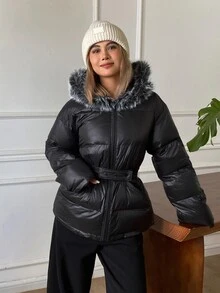 Livesso Women's Winter Casual Versatile Fur Collar Hooded Jacket - Black - View 5