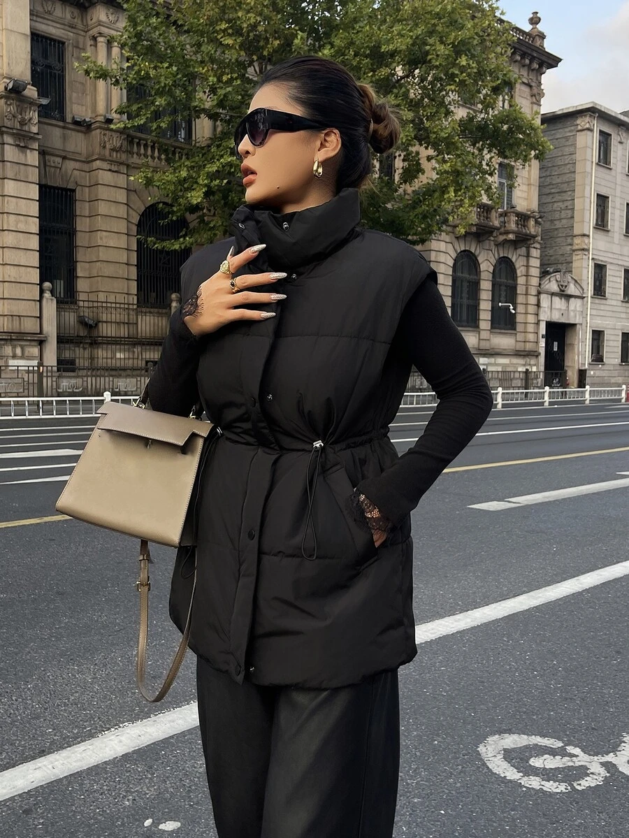Livesso Women's Minimalist Button Vest Padded Coat, Comfortable For Winter Jacket - Black - View 1