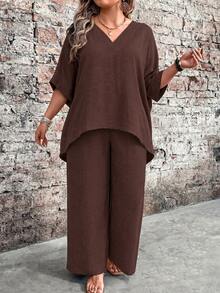 EMERY ROSE Plus Size Women's V-Neck Short Sleeve Peplum Top And Long Straight Leg Pants Set, Printed, Suitable For Summer Vacation Chocolate Brown Boho Bohemian - Coffee Brown - View 5