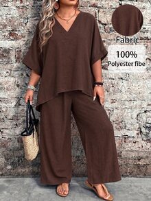 EMERY ROSE Plus Size Women's V-Neck Short Sleeve Peplum Top And Long Straight Leg Pants Set, Printed, Suitable For Summer Vacation Chocolate Brown Boho Bohemian - Coffee Brown - View 1