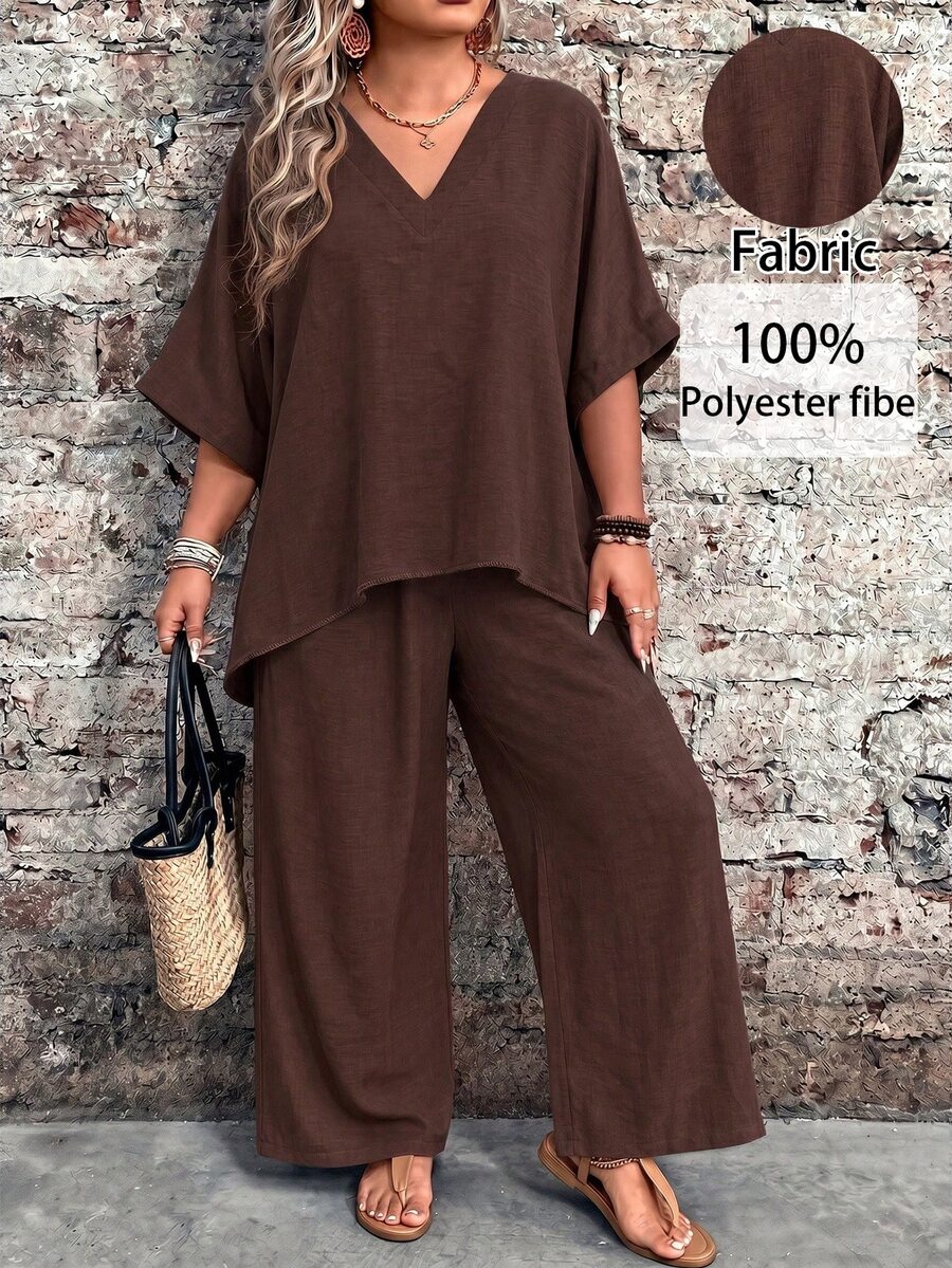 EMERY ROSE Plus Size Women's V-Neck Short Sleeve Peplum Top And Long Straight Leg Pants Set, Printed, Suitable For Summer Vacation Chocolate Brown Boho Bohemian - Coffee Brown - View 1