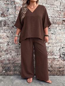 EMERY ROSE Plus Size Women's V-Neck Short Sleeve Peplum Top And Long Straight Leg Pants Set, Printed, Suitable For Summer Vacation Chocolate Brown Boho Bohemian - Coffee Brown - View 7