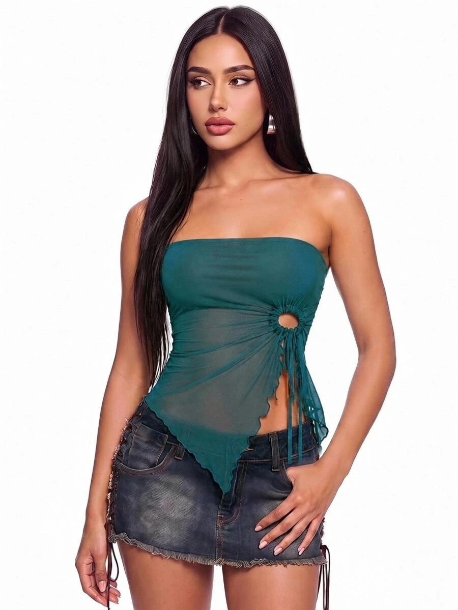 SHEIN ICON Lettuce Trim Decorated Strapless Top - Teal Blue - View 1