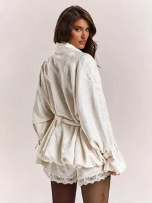 SHEIN BAE Tie Waist Long Sleeve French Jacquard Trench Coat - Multicolor - View 2