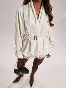 SHEIN BAE Tie Waist Long Sleeve French Jacquard Trench Coat - Multicolor - View 4