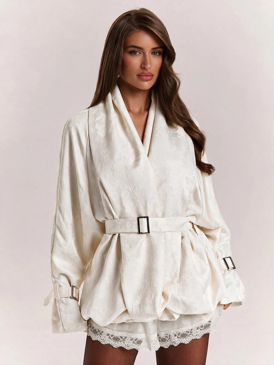 SHEIN BAE Tie Waist Long Sleeve French Jacquard Trench Coat - Multicolor - View 1