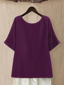 Linhara Plus Size Women's Round Neck Casual/Daily/Outing/Simple/Leisure/Vacation Textured Green Pullover Top, Spring/Summer - Violet Purple - View 2