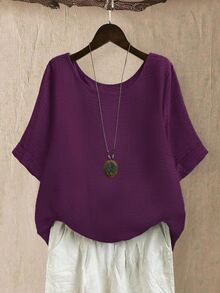 Linhara Plus Size Women's Round Neck Casual/Daily/Outing/Simple/Leisure/Vacation Textured Green Pullover Top, Spring/Summer - Violet Purple - View 3