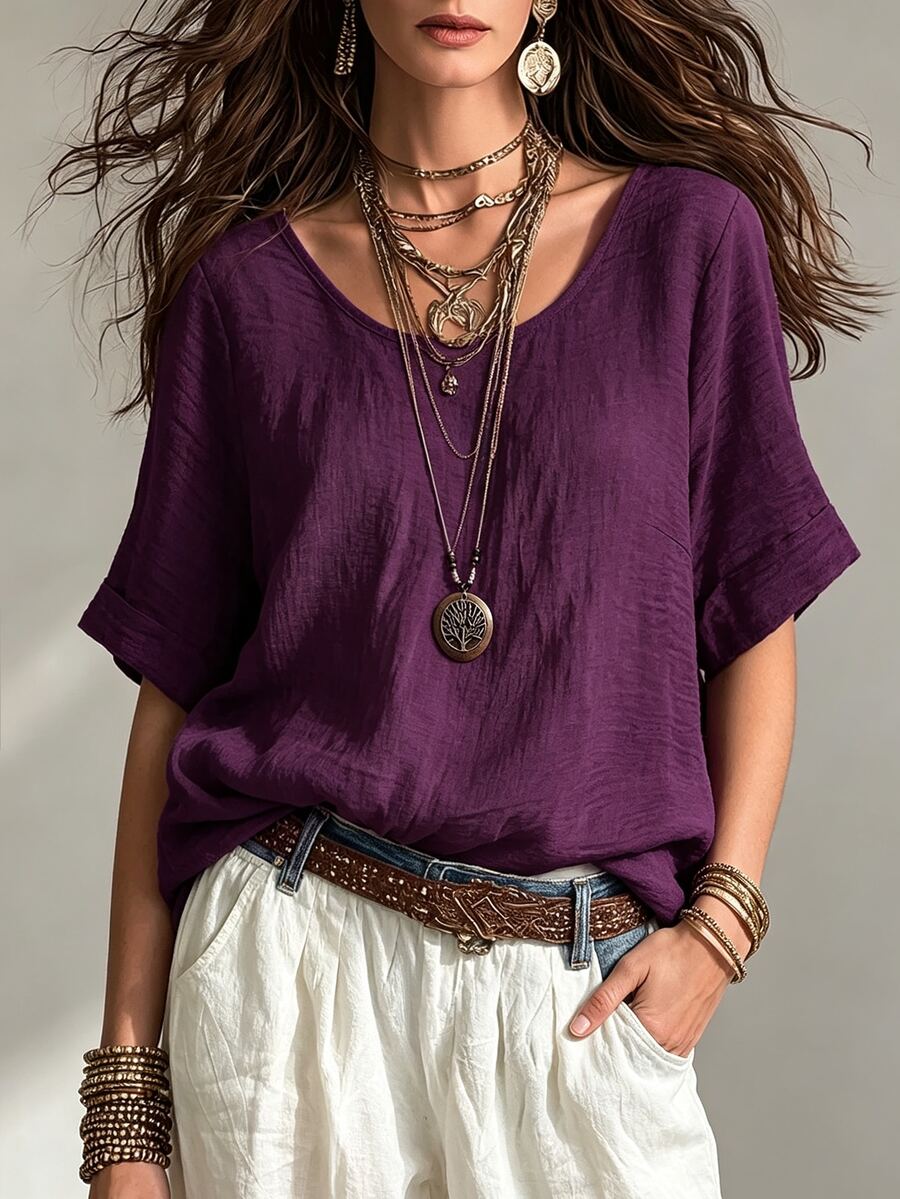 Linhara Plus Size Women's Round Neck Casual/Daily/Outing/Simple/Leisure/Vacation Textured Green Pullover Top, Spring/Summer - Violet Purple - View 1