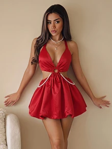 SHEIN ICON Women's Red Pearl Decor Backless Halter Mini Dress, Red - Red - View 1