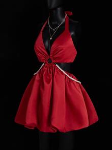 SHEIN ICON Women's Red Pearl Decor Backless Halter Mini Dress, Red - Red - View 3