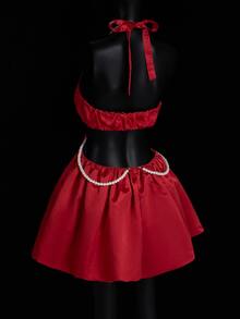 SHEIN ICON Women's Red Pearl Decor Backless Halter Mini Dress, Red - Red - View 7