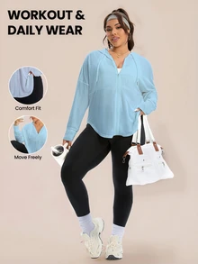Rhythm Era Plus Size Women's Solid Color Drawstring Hooded Zip-Up Casual Versatile Daily Wear Sports Jacket Fall - Blue - View 2