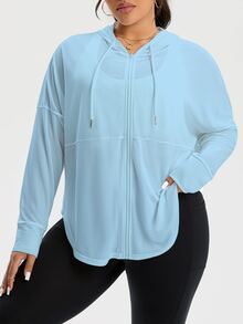 Rhythm Era Plus Size Women's Solid Color Drawstring Hooded Zip-Up Casual Versatile Daily Wear Sports Jacket Fall - Blue - View 9