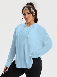 Rhythm Era Plus Size Women's Solid Color Drawstring Hooded Zip-Up Casual Versatile Daily Wear Sports Jacket Fall - Blue - View 4