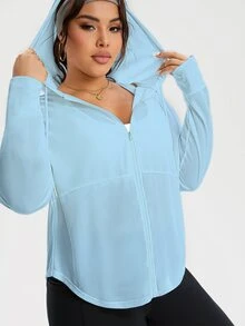 Rhythm Era Plus Size Women's Solid Color Drawstring Hooded Zip-Up Casual Versatile Daily Wear Sports Jacket Fall - Blue - View 8