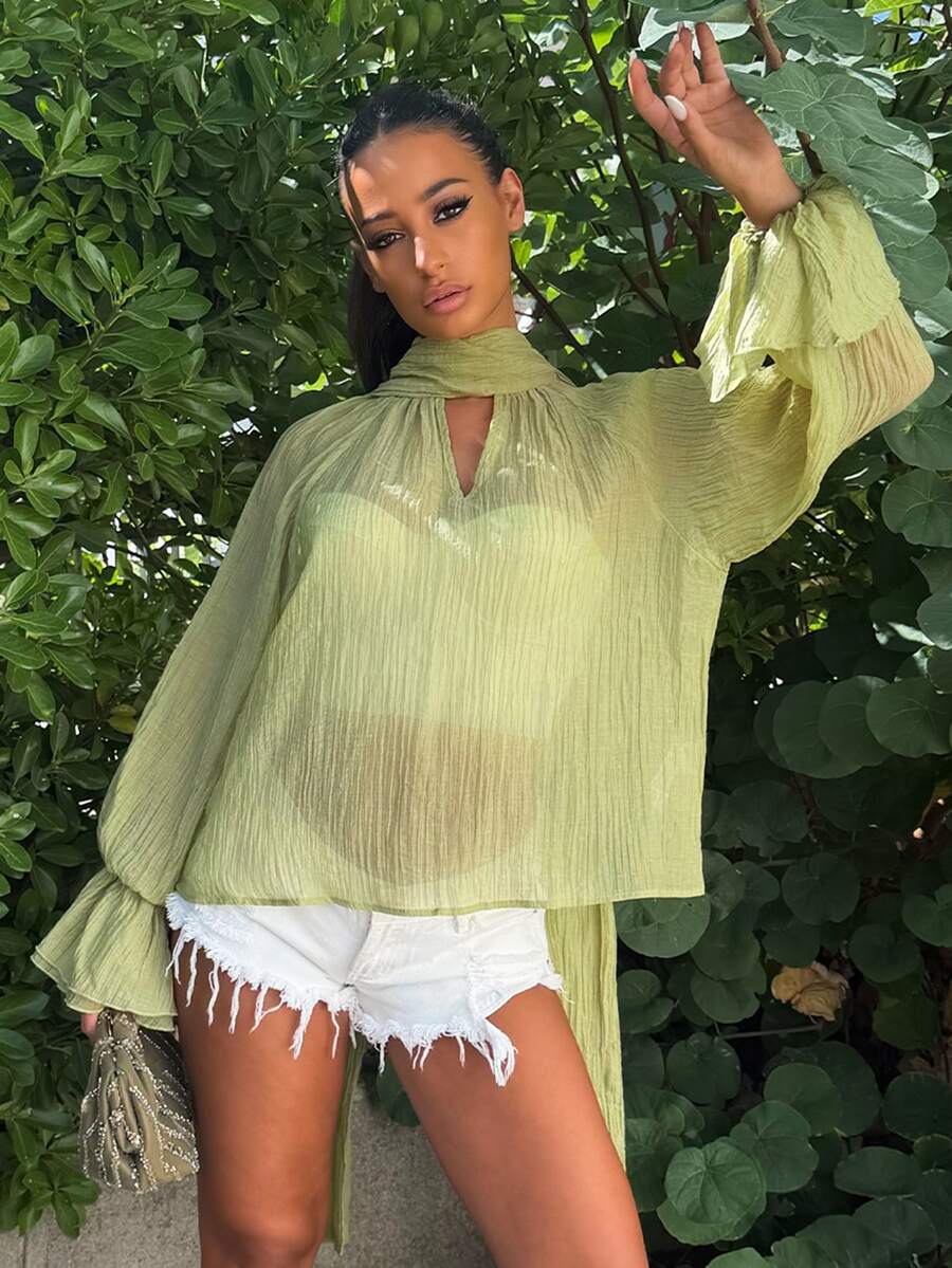 Ronhire Women's Casual Vacation Style Cutout Wrap Collar Ruffle Sleeve Semi-Sheer Loose Blouse, Spring/Summer/Green Top /Office Attire For Women/Work Outfits For Women - Green - View 1