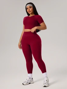 Rhythm Era 1 Set Burgundy Summer Athletic Pilates Plus Size Sports Set,Round Neck Seamless 7/8 Leggings,Soft Workout Running Yoga Curve Gym 2 Piece Set Women - Burgundy - View 6