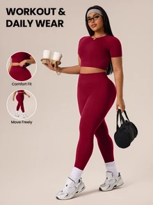 Rhythm Era 1 Set Burgundy Summer Athletic Pilates Plus Size Sports Set,Round Neck Seamless 7/8 Leggings,Soft Workout Running Yoga Curve Gym 2 Piece Set Women - Burgundy - View 1