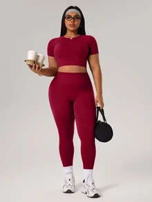 Rhythm Era 1 Set Burgundy Summer Athletic Pilates Plus Size Sports Set,Round Neck Seamless 7/8 Leggings,Soft Workout Running Yoga Curve Gym 2 Piece Set Women - Burgundy - View 7