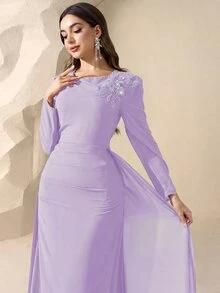 Coutiva 晚禮服舞會亮片刺繡長袖高級優雅名媛奢華 - 深紫色 - 查看 6