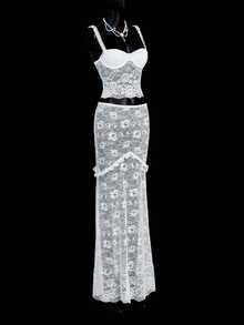 SHEIN ICON Sexy Women Sheer Lace Camisole And Skirt Set, White - White - View 4