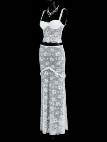 SHEIN ICON Sexy Women Sheer Lace Camisole And Skirt Set, White - White - View 5