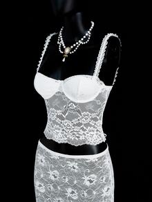 SHEIN ICON Sexy Women Sheer Lace Camisole And Skirt Set, White - White - View 6