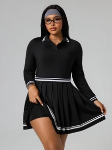SHEIN Sports 大码撞色条纹Polo领休闲连衣裙 - 黑與白 - 查看 8