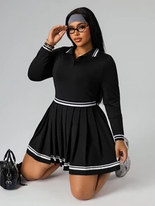 SHEIN Sports 大码撞色条纹Polo领休闲连衣裙 - 黑與白 - 查看 7