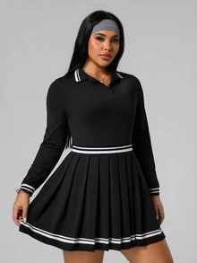 SHEIN Sports 大码撞色条纹Polo领休闲连衣裙 - 黑與白 - 查看 5