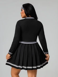 SHEIN Sports 大码撞色条纹Polo领休闲连衣裙 - 黑與白 - 查看 2