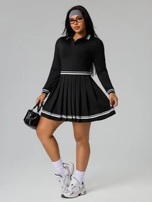 SHEIN Sports 大码撞色条纹Polo领休闲连衣裙 - 黑與白 - 查看 6