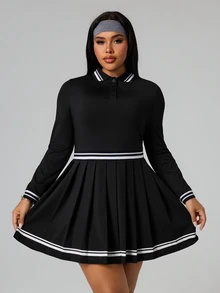 SHEIN Sports 大码撞色条纹Polo领休闲连衣裙 - 黑與白 - 查看 3