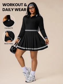 SHEIN Sports 大码撞色条纹Polo领休闲连衣裙 - 黑與白 - 查看 1