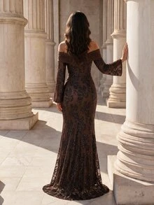 Coutiva Elegant Formal Sequin Glitter Off Shoulder Long Sleeve Fitted Evening Dress Wedding Vow Evening Brown Winter - Coffee Brown - View 2