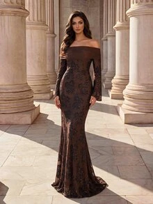 Coutiva Elegant Formal Sequin Glitter Off Shoulder Long Sleeve Fitted Evening Dress Wedding Vow Evening Brown Winter - Coffee Brown - View 6