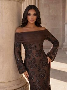 Coutiva Elegant Formal Sequin Glitter Off Shoulder Long Sleeve Fitted Evening Dress Wedding Vow Evening Brown Winter - Coffee Brown - View 4