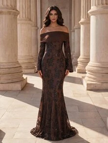 Coutiva Elegant Formal Sequin Glitter Off Shoulder Long Sleeve Fitted Evening Dress Wedding Vow Evening Brown Winter - Coffee Brown - View 5