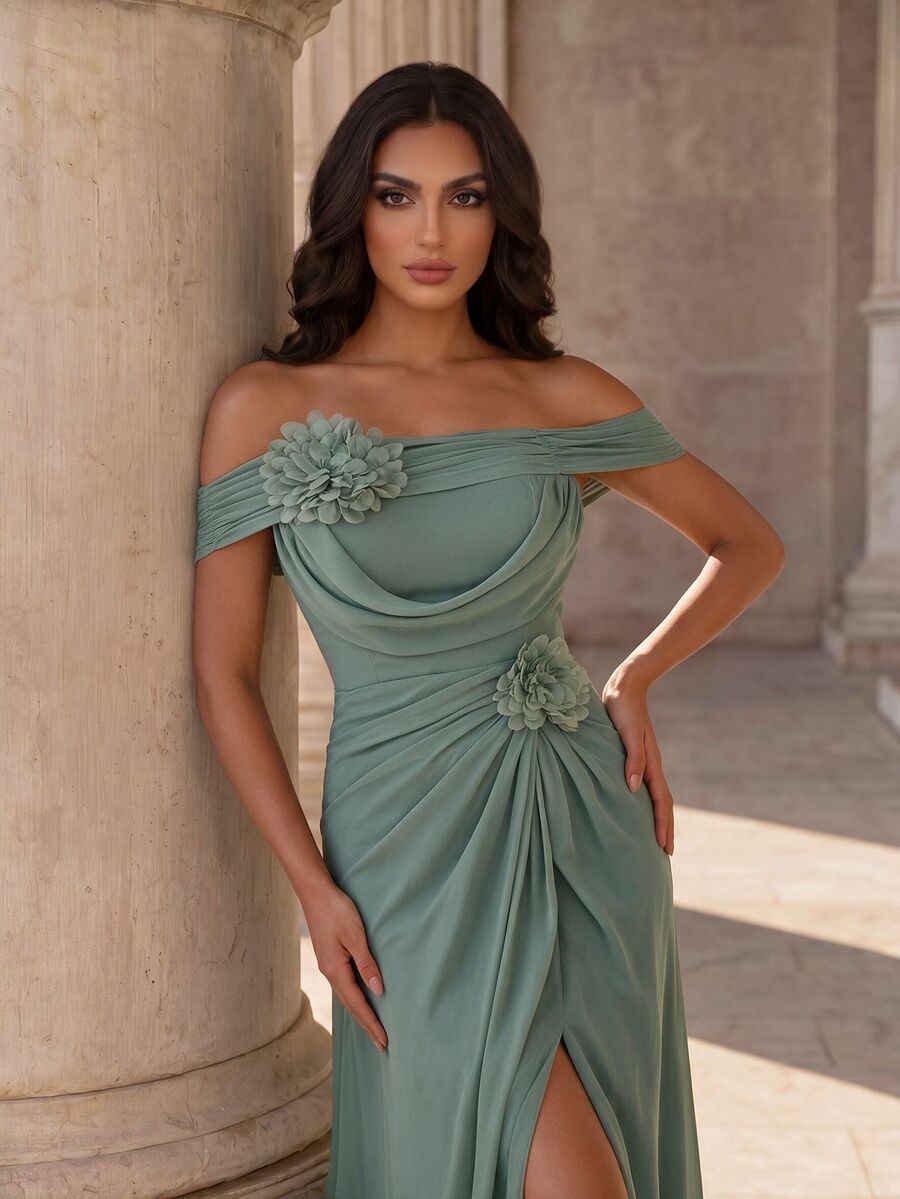 Coutiva Women's 3D Floral Decor Off-Shoulder Elegant Formal Formal Wedding Ninang Vow Evening Gown (Heavy Craftsmanship Style) Wedding Sage Green Winter