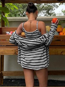 Muchica Women's Striped Patchwork Camisole Top, Long Sleeve Cardigan And Shorts Casual Boho Tropical Everyday Vacation Set Beach Autumn - Black and White - View 2