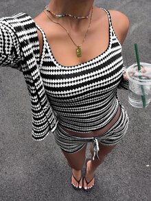 Muchica Women's Striped Patchwork Camisole Top, Long Sleeve Cardigan And Shorts Casual Boho Tropical Everyday Vacation Set Beach Autumn - Black and White - View 4