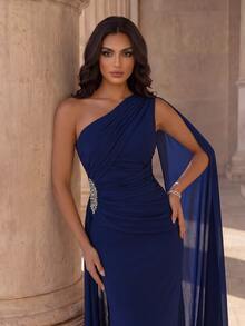 Coutiva Women's Solid Color One-Shoulder Sleeveless Ribbon Design Elegant Formal Formal Prom Event Evening Gown (Heavy Workmanship) Wedding Navy Blue Winter - Navy Blue - View 4
