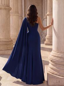 Coutiva Women's Solid Color One-Shoulder Sleeveless Ribbon Design Elegant Formal Formal Prom Event Evening Gown (Heavy Workmanship) Wedding Navy Blue Winter - Navy Blue - View 3