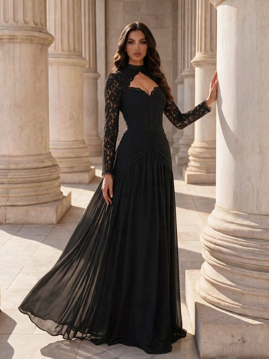 Coutiva Women's Lace Boning Fitted Pleated Formal Evening Gown Dress (Heavy Workmanship Style) - Black - View 1