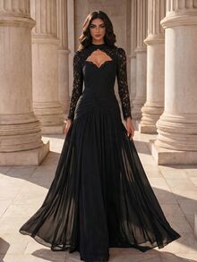 Coutiva Women's Lace Boning Fitted Pleated Formal Evening Gown Dress (Heavy Workmanship Style) - Black - View 3